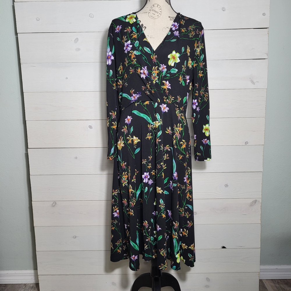 H&M Dress Midi Maxi Tropical Floral Whimsy Long Sleeve V Neck Fairy Grunge.